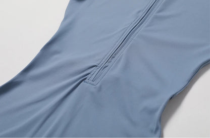 European and American nude one-piece yoga suit with stand up collar, half zipper, short sleeved fitness jumpsuit, tight fitting